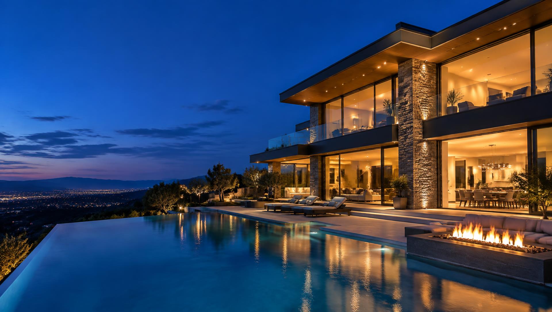 Contemporary glass home with an infinity pool at dusk